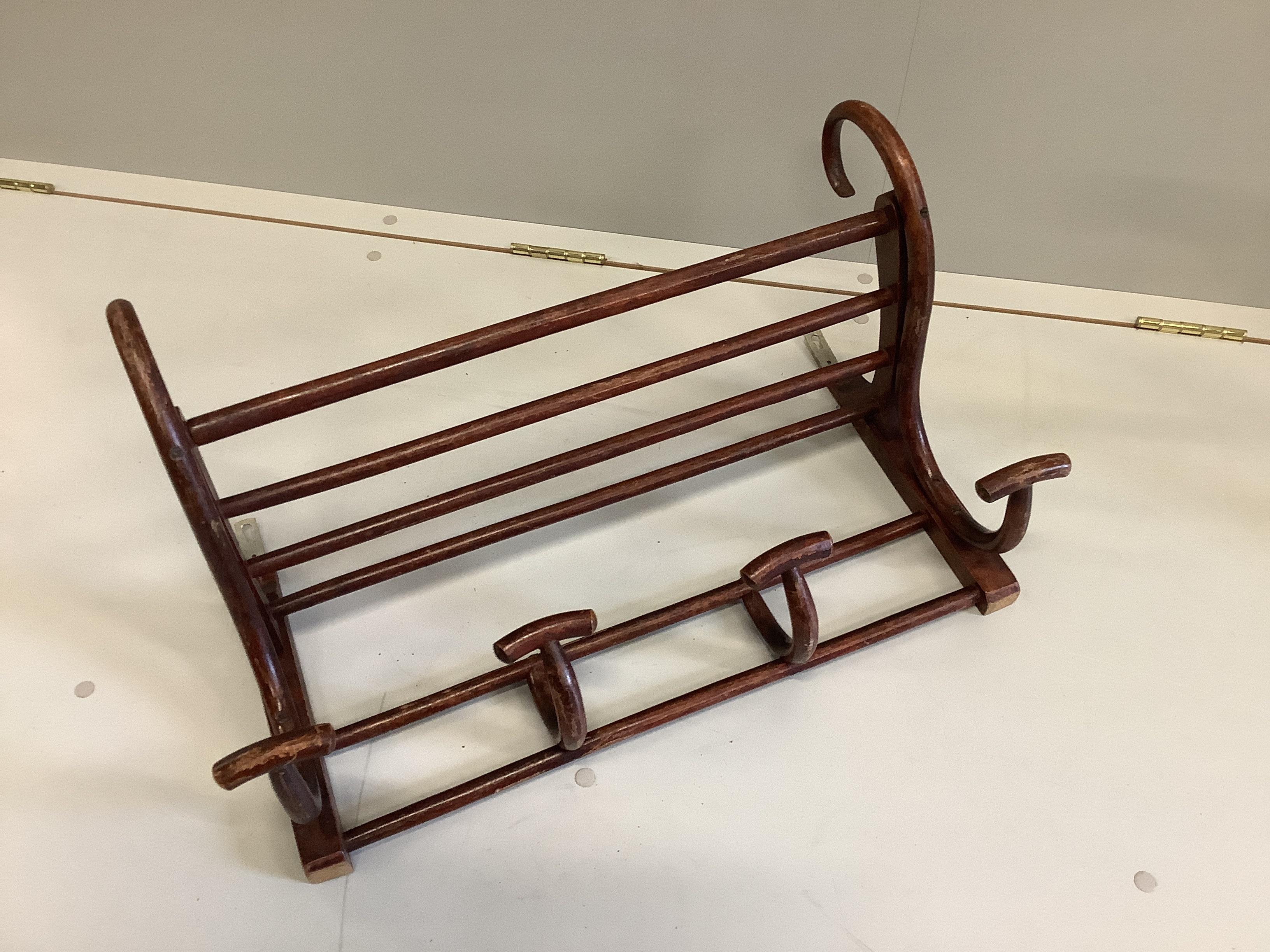 A beech bentwood coat stand, height 184cm, together with a hanging bentwood coat rack